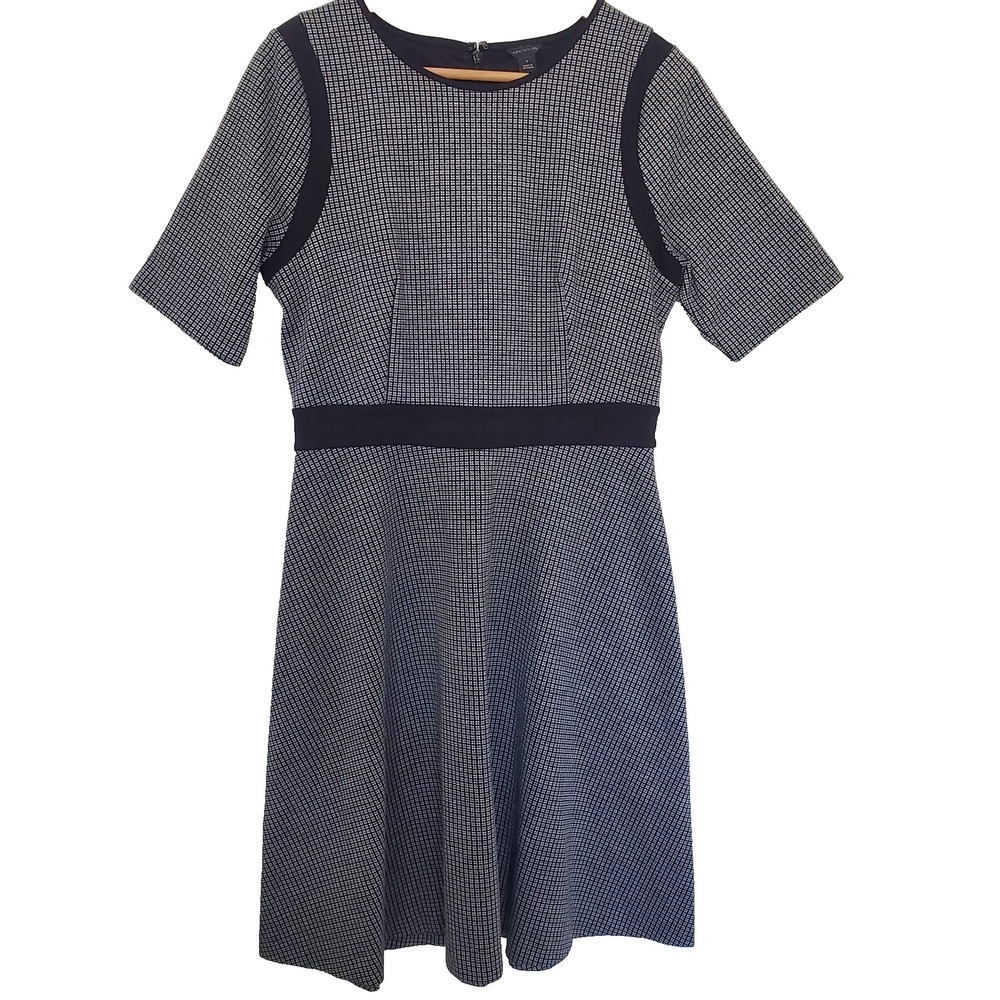 Ann Taylor Navy Blue White Grid Fit and Flare Dress Size 8 Short Sleeve Office